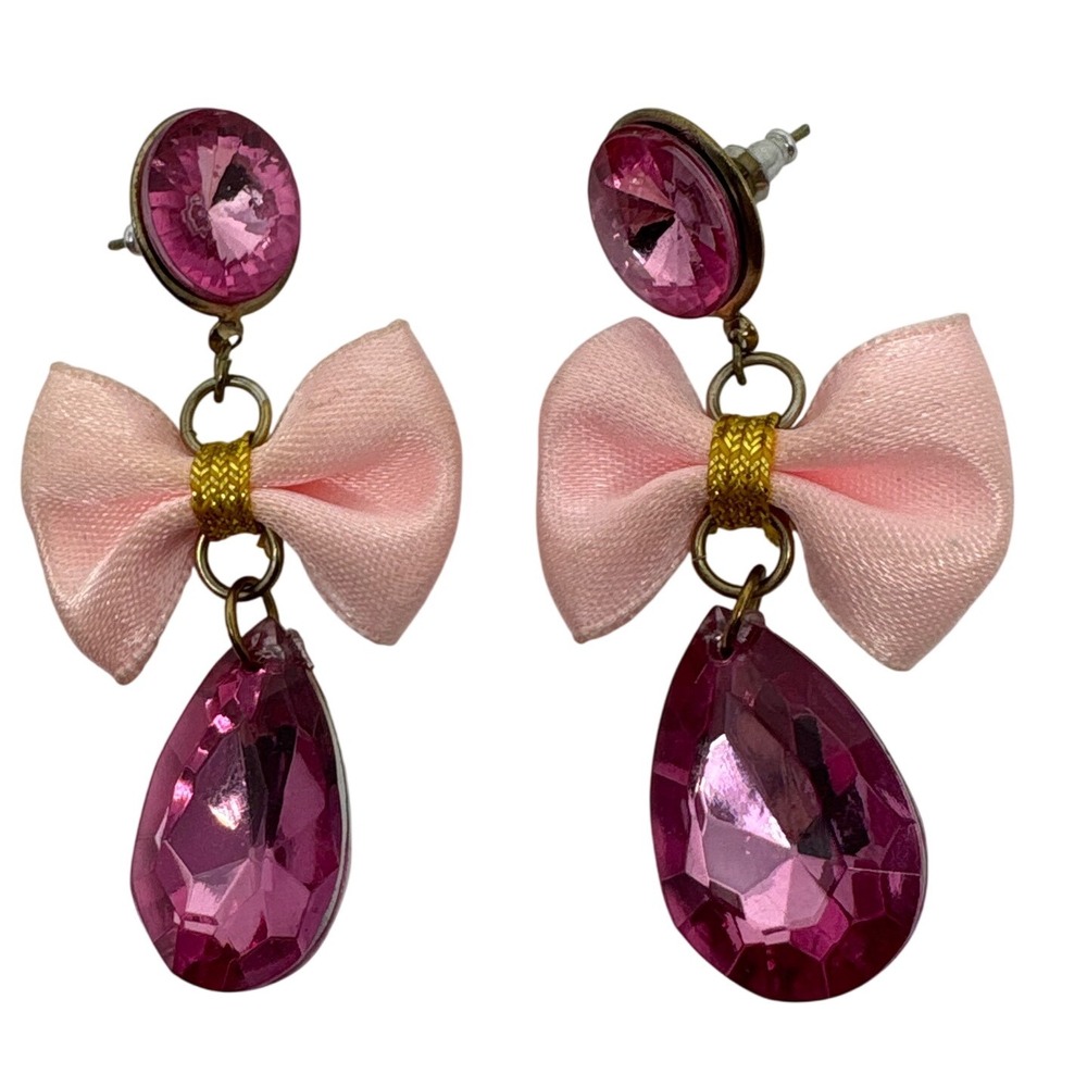 1980s Retro Pink Bow Drop Earrings‎ with Faceted Teardrop Gem Statement Jewelry